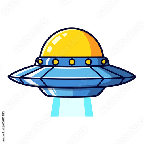 Cartoon UFO Flying Saucer emitting blue light beam, isolated on white background