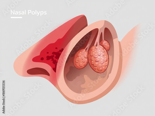 Illustration of nasal polyps inside the nasal cavity nose