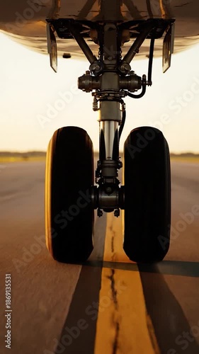 Close-up of aircraft landing gear on a runway at sunset