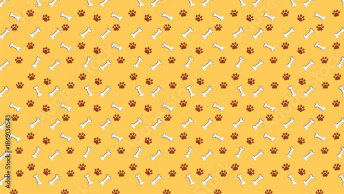 Seamless dog paw and bone pattern vector on yellow background, cute pet illustration for wallpaper, fabric, textile, wrapping paper, and pet themed design