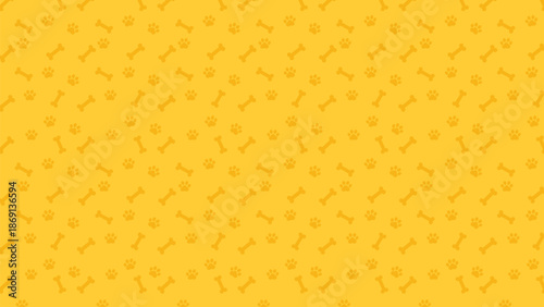 Yellow puppy pattern vector with paws and bones, repeating animal background for fabric and print