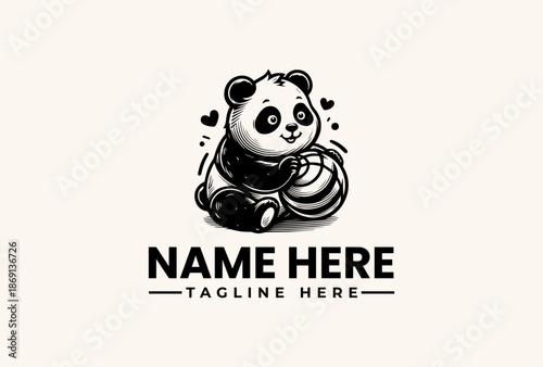 A black and white illustration of a cute panda bear sitting with hearts surrounding it on a clean white background with space for a logo and tagline.