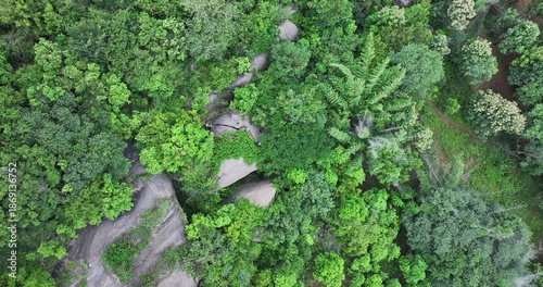 Aerial view of rock formations within the dense trees or people finding paradise among the trees
