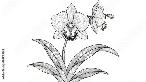 Detailed black and white orchid illustration with leaves and flowers