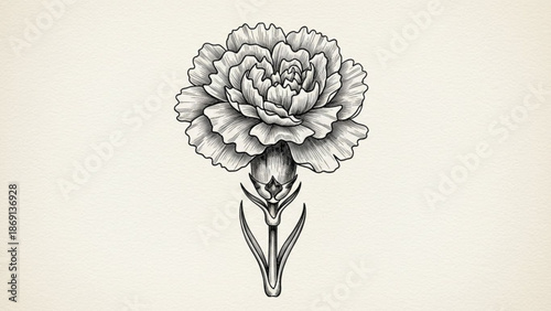 Elegant black and white carnation flower illustration on beige background
