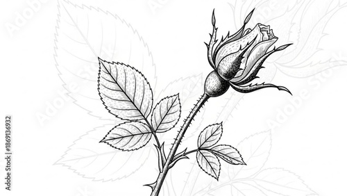 Detailed black and white rose illustration with thorns and leaves