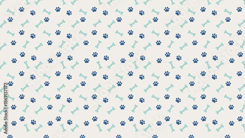 Seamless pattern with navy blue paw prints and mint green dog bones on a cream background. Cute animal footprint vector for pet shop branding, nursery wallpaper, and fabric textile design