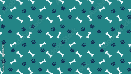 Seamless pattern with white bones and navy blue paw prints on a dark green background. Cute animal footprint vector for pet shop branding, nursery wallpaper, and fabric textile design