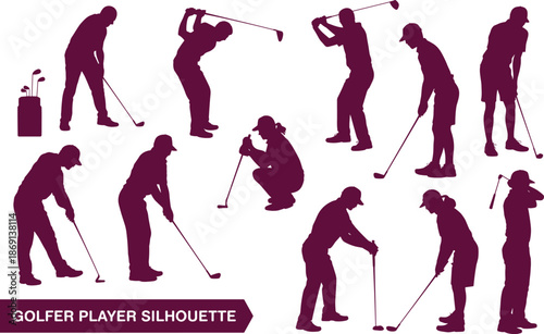 Golfer player silhouette collection in dark maroon featuring various golf poses and equipment for sports, vector design, and golf-themed illustration use.