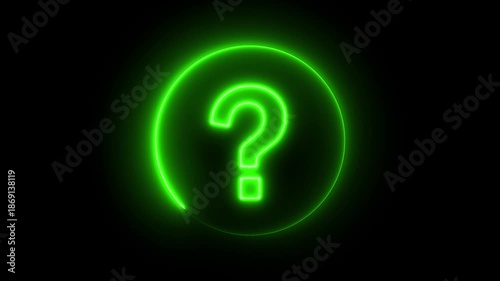 A vibrant green neon question mark symbol radiates light within a circular outline set against a completely black background signifying curiosity and the unknown