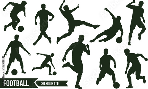 Football player silhouette collection showing soccer athletes running, kicking, dribbling, and jumping with ball, dynamic sports action vector illustration for team and training designs