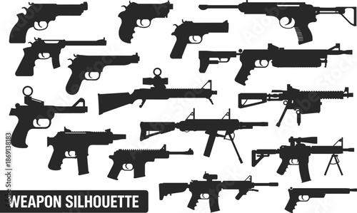 Weapon silhouette collection featuring diverse firearm profiles including pistols, rifles, and submachine guns for tactical, military, and design illustration use.