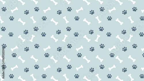 Seamless pattern with white dog bones and dark grey paw prints on a dusty blue background. Cute animal footprint vector for pet shop branding, nursery wallpaper, and fabric textile design