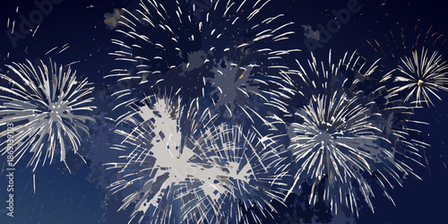 A vibrant display of fireworks illuminating the dark night sky with brilliant bursts