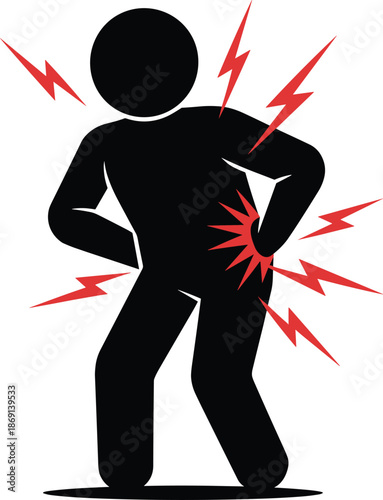 Back pain silhouette illustration showing human figure with lower back injury and red lightning pain symbols, healthcare medical concept, black vector design for injury awareness graphics