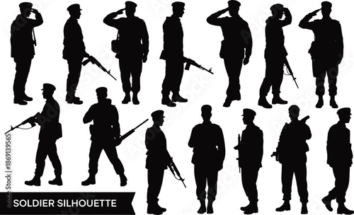 Soldier silhouette collection featuring black vector poses of saluting, standing, and rifle-holding stances for military, commemorative, and design illustration use.