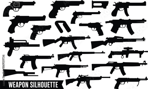 Weapon silhouette set displaying pistols, revolvers, rifles, and assault guns in multiple configurations, black and white vector illustration for military, defense, and security design projects