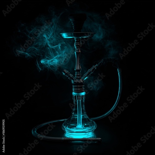 A glowing hookah with blue smoke swirling around it.