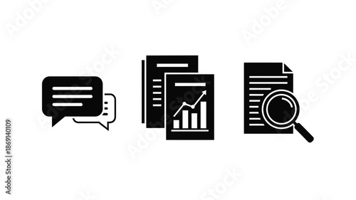 Communication documents and analysis icons presented in a striking black silhouette