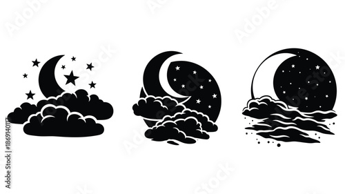 Illustrative crescent moon and cloud designs in a striking black silhouette