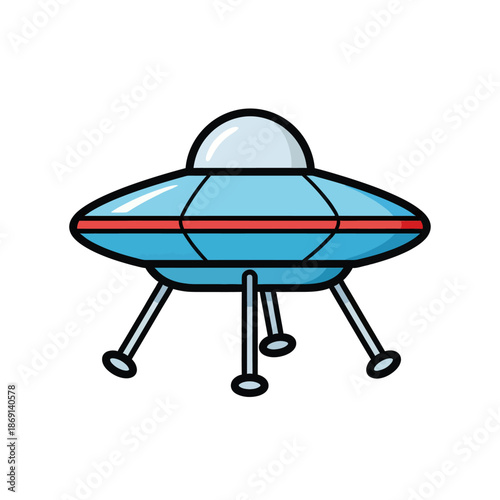 Cartoon Flying Saucer UFO Icon with Landing Gear, Sci-Fi Spacecraft Illustration
