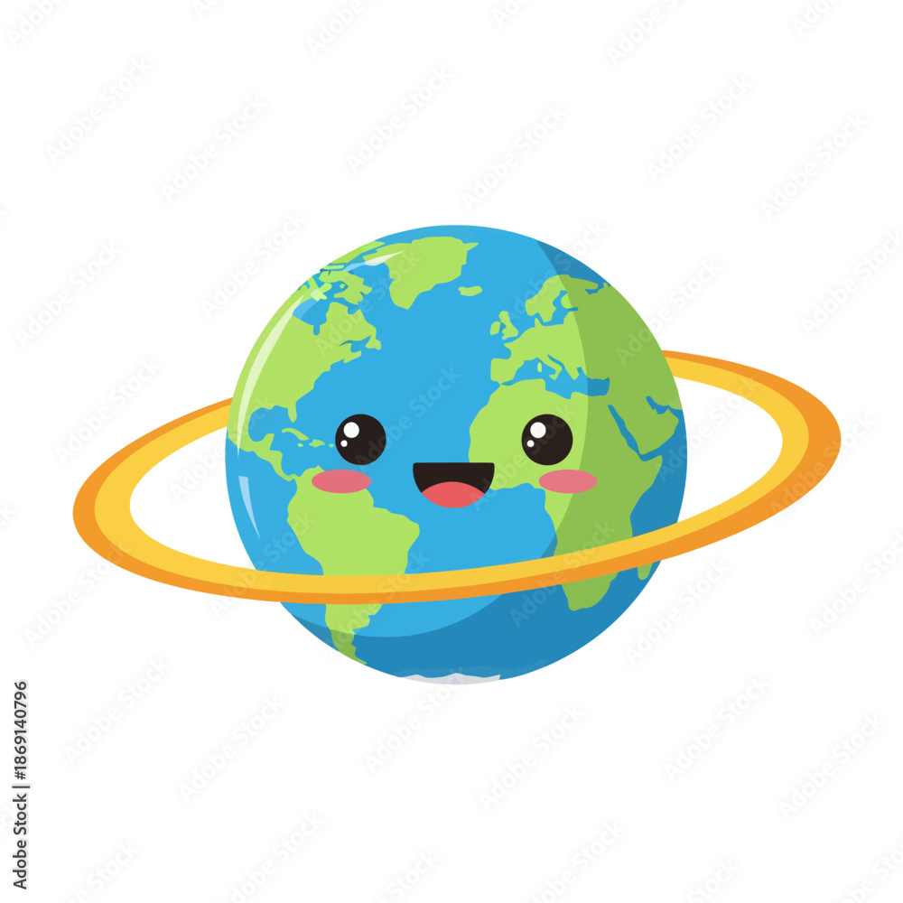 Fototapeta premium Cute cartoon planet Earth with happy face and ring, isolated on white background