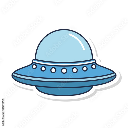 Cartoon flying saucer with blue dome and lights, isolated on white background, vector illustration