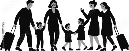 Two happy families with children meet and greet each other while traveling with suitcases