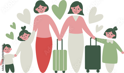 Two women and two children holding hands with suitcases ready for a happy family journey