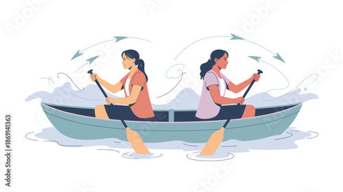 Two women in a boat row in opposite directions, symbolizing conflict or disagreement in teamwork
