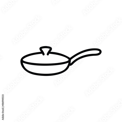 Simple line drawing of a cooking pan with a lid and long handle