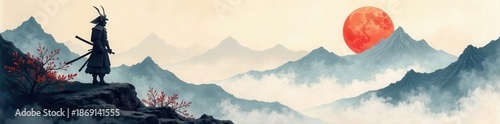 Ink samurai silhouette, misty watercolor mountains, rice paper texture Traditional Asian art , design element, chinese, texture