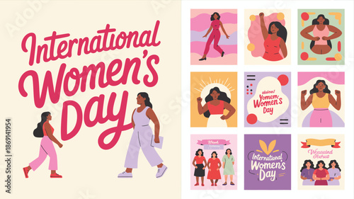 Vibrant International Womens Day celebration with diverse female figures and empowering messages
