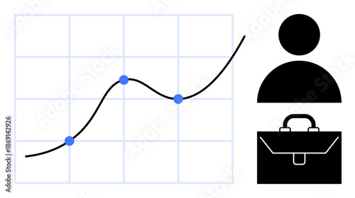 Business strategies, career advancement, professional development, data tracking, market analysis, economic growth. Graph with data points, person icon and briefcase. Business strategies career