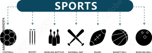 Sports Infographic Silhouette Icons for Football, Basketball, Baseball, and Bowling for Athletic Presentations and Branding