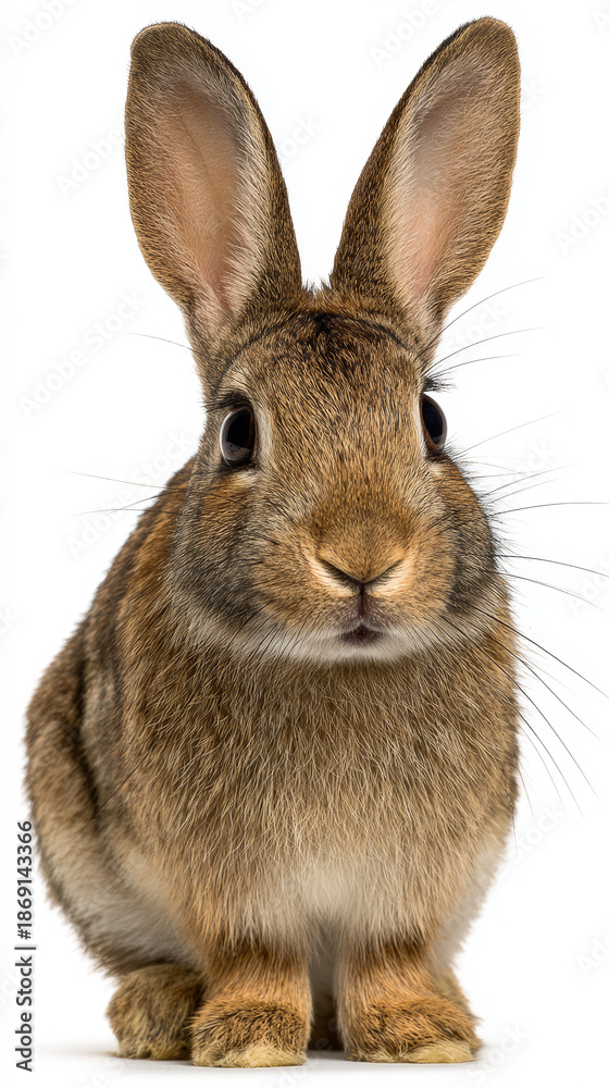 Fototapeta premium Brown rabbit with large ears and soft fur sitting and looking forward with curious expression on white background