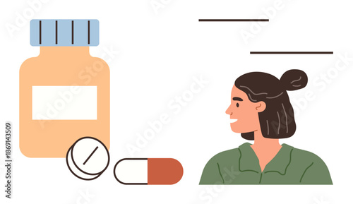 Healthcare, medication, patient well-being, pharmaceutical services, health education, treatment. A smiling woman next to a pill bottle and capsules. Healthcare and medication-related