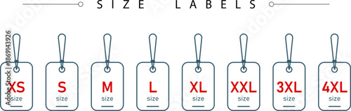 E commerce Size Labels Vector Set XS to 4XL Clothing Tags with Red Bold Typography for Product Pages and Packaging