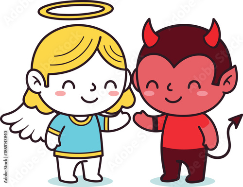 A friendly cartoon angel character with a halo and wings shakes hands amicably with a cute devil character with horns and a tail.