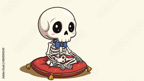 A cute cartoon skeleton character with a friendly expression and a blue bowtie sits calmly on a decorative red pillow.
