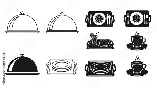Elegant dining service icons with cloches plates and beverages silhouette