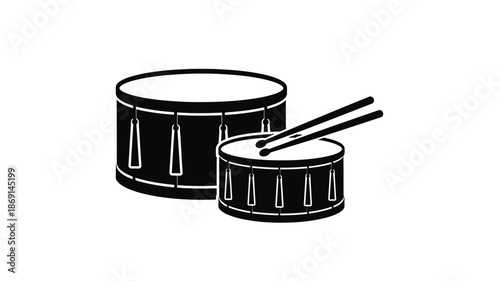 Two drums and drumsticks depicted in a striking black and white silhouette