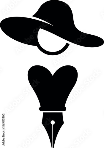 Black silhouette of a hat and a fountain pen nib forming a heart shape
