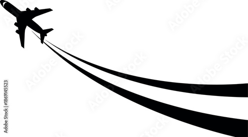 Black silhouette of airplane flying high in the sky with contrails