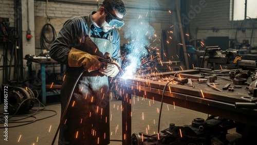 A man in a welding mask and protective gear welding a piece of metal in a workshop with sparks