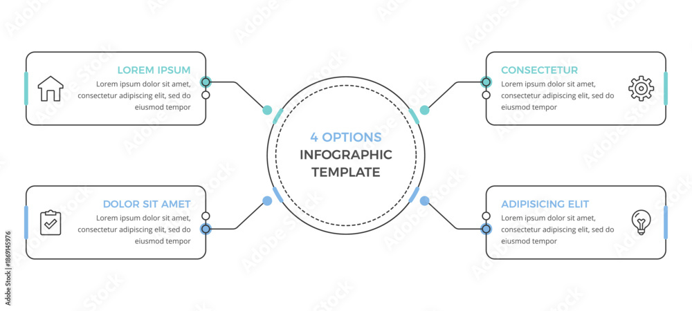 Fototapeta premium Infographic template with central circle and four connected text boxes