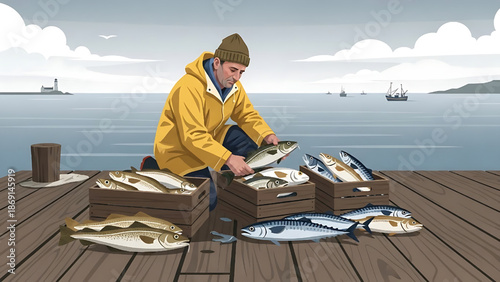 Fisherman displaying fresh catch of fish on a wooden dock by the sea