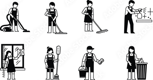 Cleaning icons, vacuuming floor, flat mop, string mop, spray wipe, window cleaning, duster broom, sponge bucket, trash disposal, housekeeping, janitorial, vector illustration