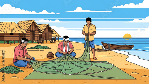 Fishermen preparing nets on the beach for the day's catch near traditional huts and the sea at sunrise