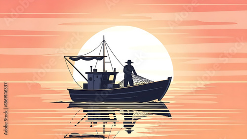 A lone fisherman casts his net from a boat at sunset, casting a reflection on the water